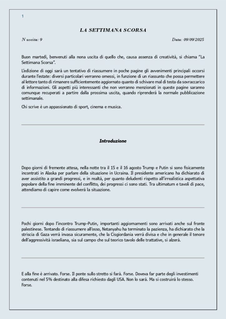 thumbnail of 009 LA SETTIMANA SCORSA Nr. 9 del 9 Settembre 2025